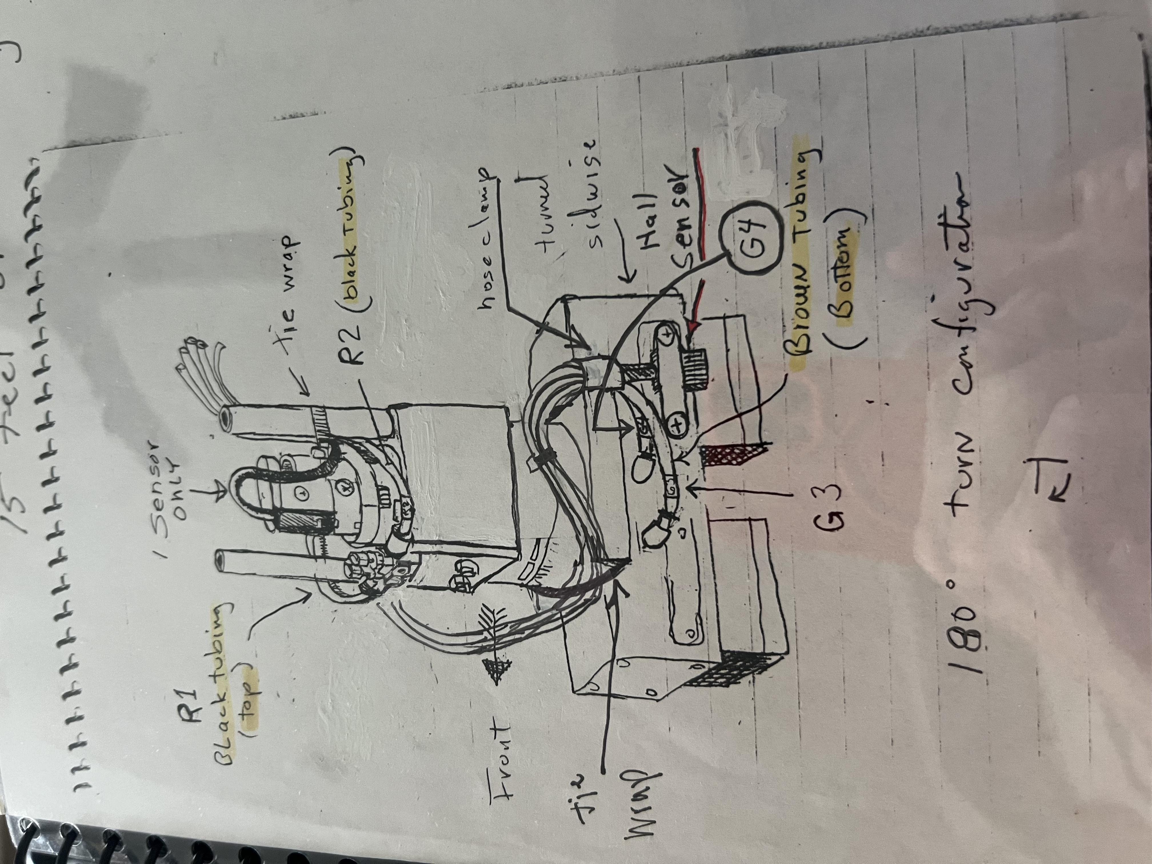 Original engineering sketch — 180° turn configuration diagram from Michael's notebook